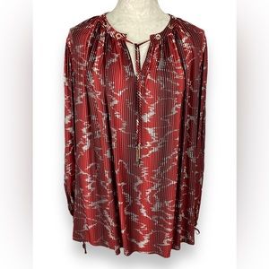 Boss Red Stripe Swiggle Tie Neck Blouse top Burgundy grommets